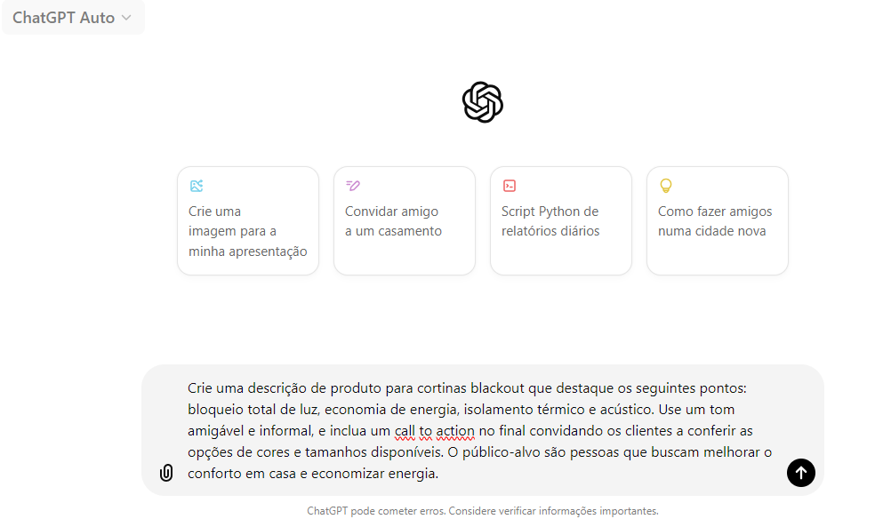 Printscreen da tela do Chatgpt com um prompt. 