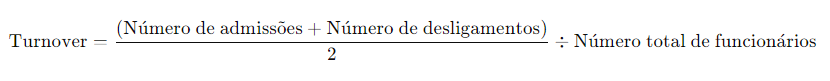 Representação da fórmula do turnover de uma empresa: 
somar o número de admissões e o número de desligamentos, dividir por 2 e dividir ainda pelo número total de funcionários dentro da empresa.