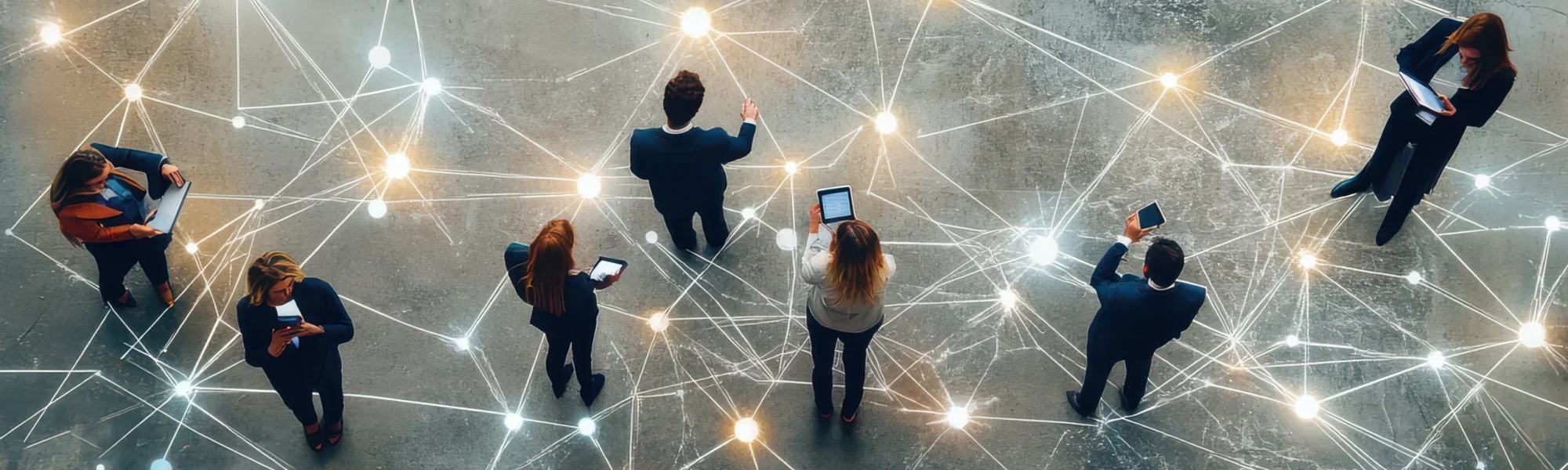 Profissional em pé, visto de cima, com tablets na mão, e uma conexão virtual entre eles espelhada no chão. Imagem em referência ao networking.