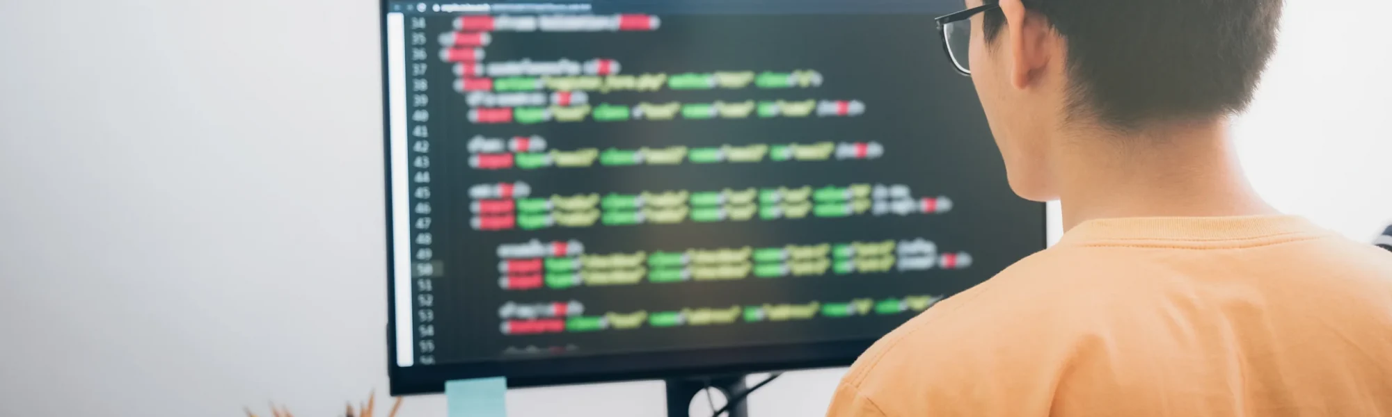 Homem trabalhando no computador em um projeto Node.js, desenvolvendo código e solucionando problemas de programação.