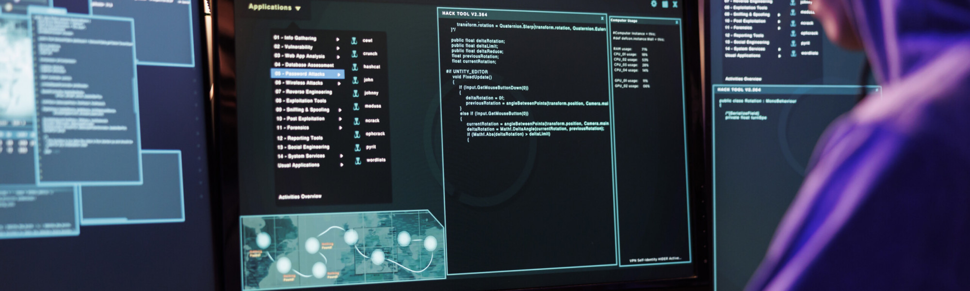 Homem trabalhando em um ambiente tecnológico e de desenvolvimento de software.